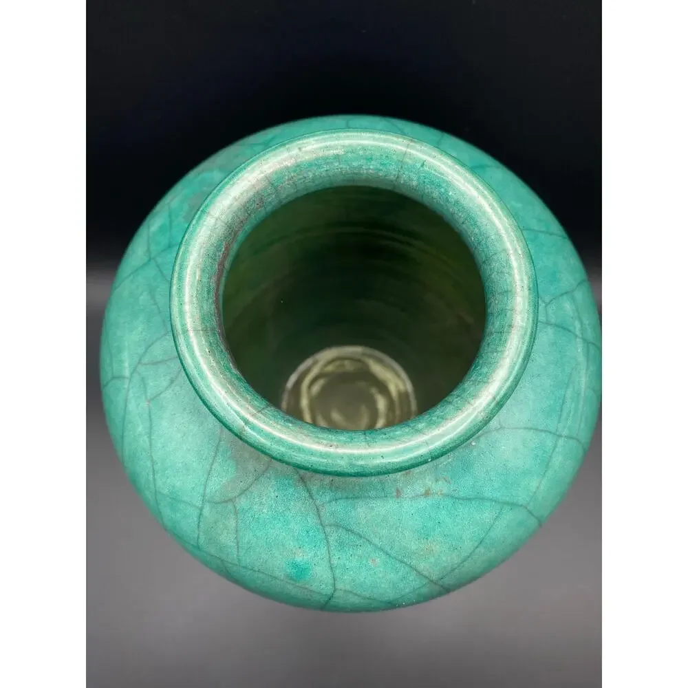 John Melkonian California Raku Studio Pottery Vase Turquoise and Black Crackle,